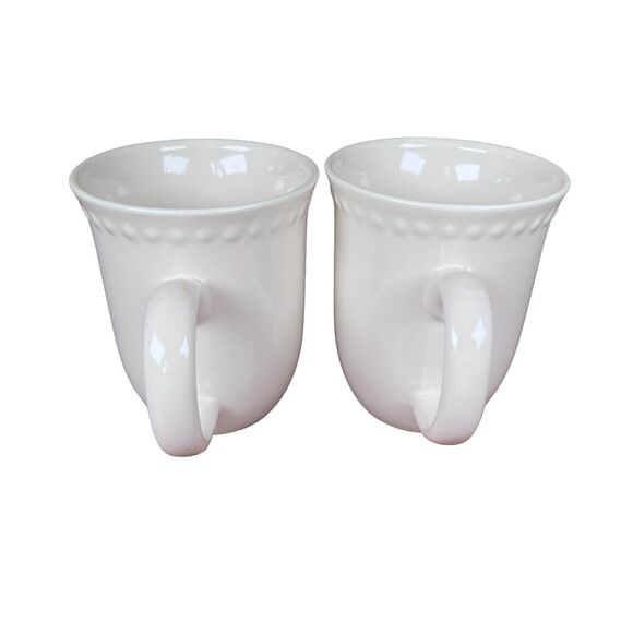 Coffee Mugs Set of 2 Unique Beaded Rim White Stoneware Cups 12 oz Casual Dining - Picture 2 of 6